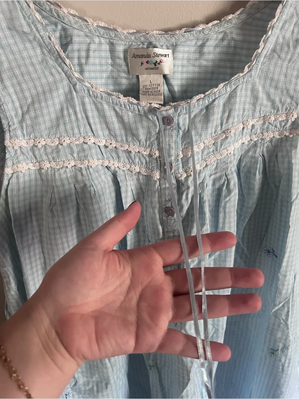 Vintage Amanda Stewart blue gingham floral embroidered ruffle hem nightgown